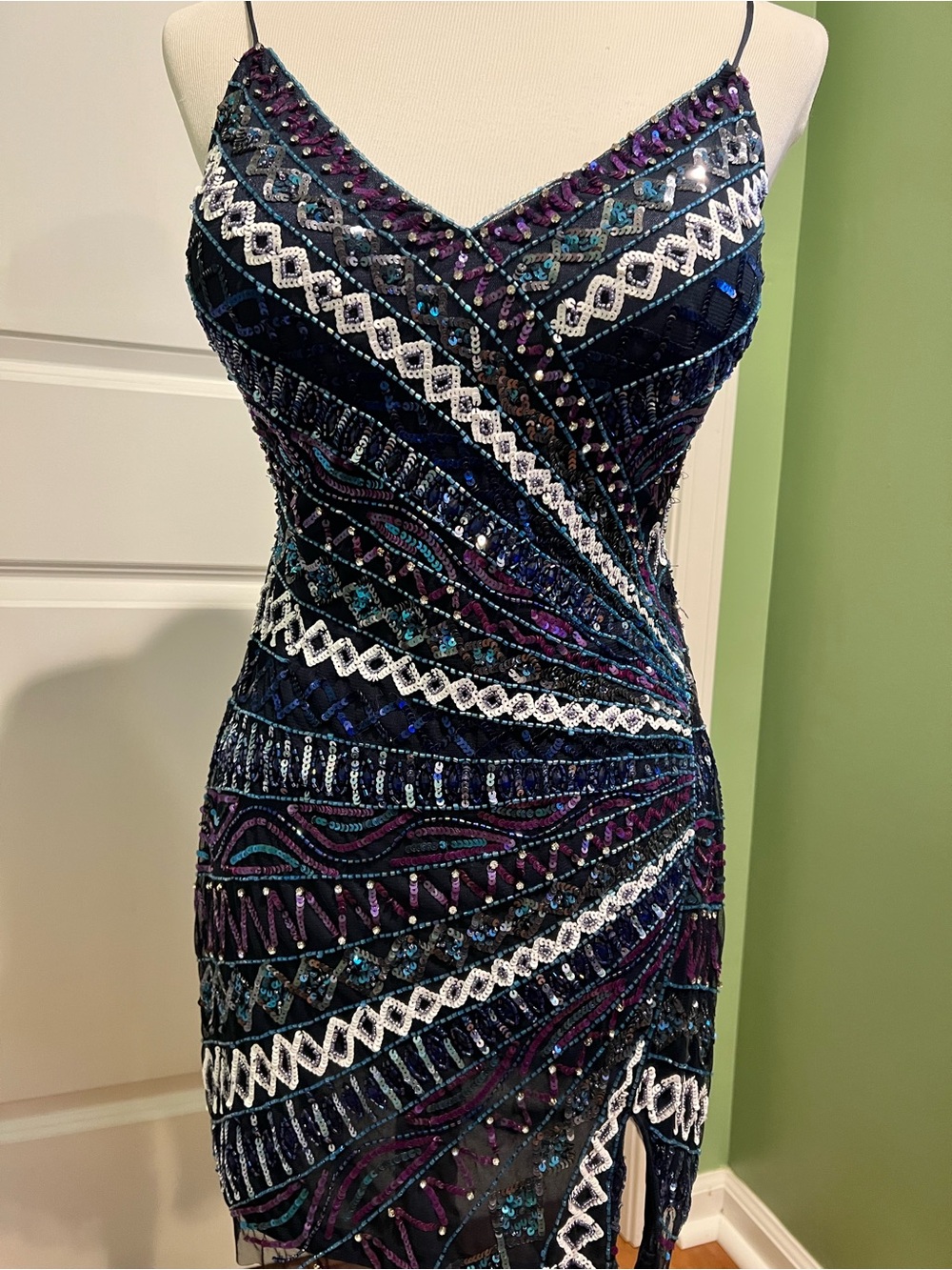 Rachel Allan Navy and Purple Beaded Spaghetti Strap Mini Dress
